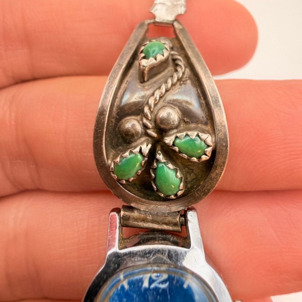 Vtg Old Pawn Sterling Silver Navajo Blue Green Turquoise Watch Band With Timex - Picture 5 of 10